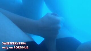 REAL STRANGER GIRL (!!) at SPA gives crazy HANDJOB underwater to BULGE flasher! Public pool cumshot