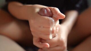 POV oiled handjob by Japanese massager. Thick slow cumshot on soft hands.