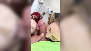 Two random girls outside smoking on campus spontaneously suck my dick in public