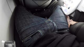 Risky public handjob on a plane - huge cumshot (real amateur couple)